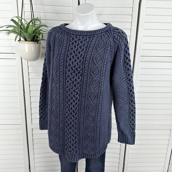 L.L. Bean Sweaters - LL Bean Signature Cotton Fisherman Tunic Sweater Washed Blue Cable Knit Size L